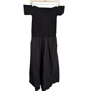 GAP Mixed Media Off Shoulder Black Midi Dress Womens Size M Petite‎ Party